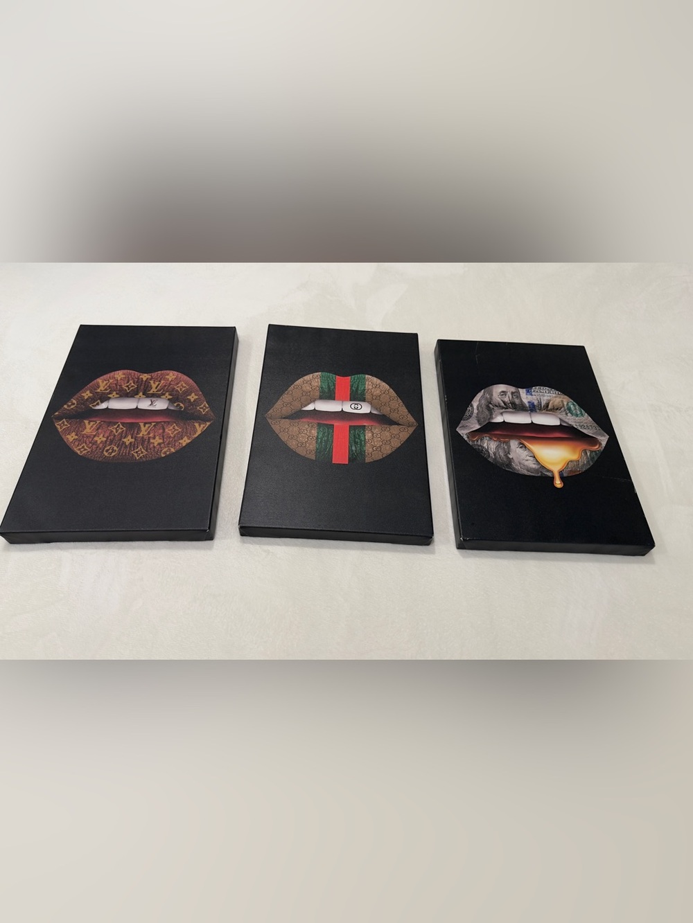 Gucci Black Canvas Lip Motif with Brown, Red & Green Stripe